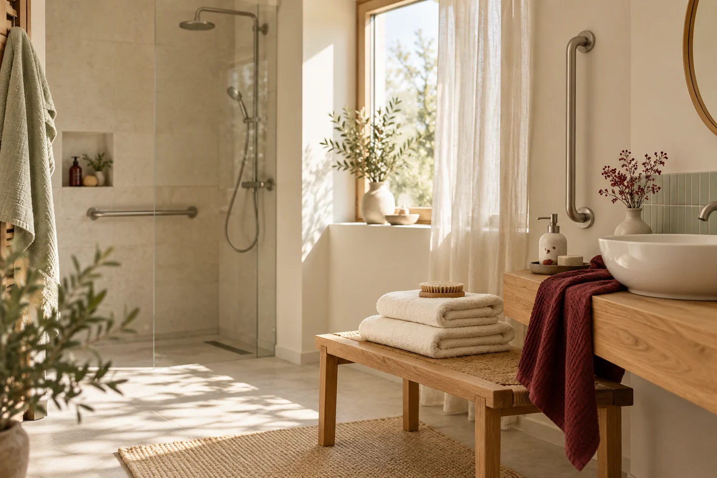 Helles Badezimmer mit Haltegriff, Waschbecken und gefalteten Handtüchern – KI-generiertes Symbolbild