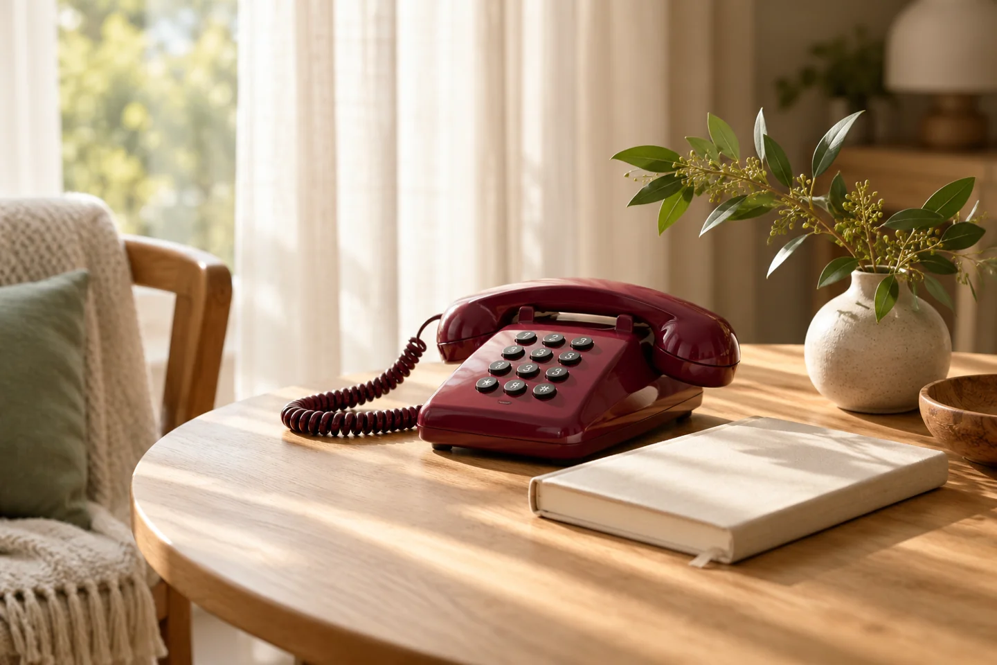 Weinrotes Telefon mit Notizbuch in einer hellen Wohnumgebung – KI-generiertes Symbolbild